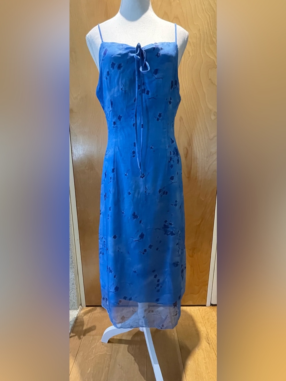 Blue floral midi dress with tie front detail